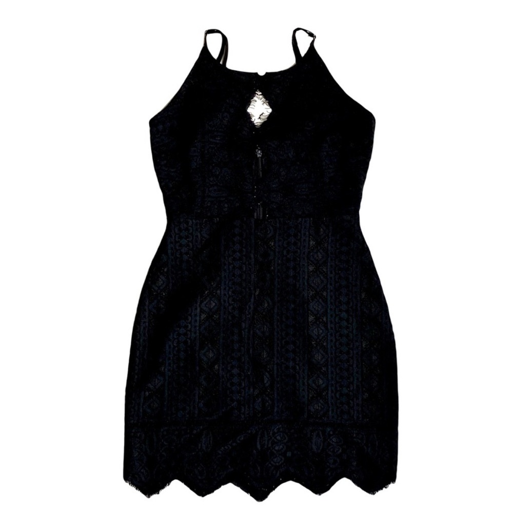 Storia black lace mini dress adjustable spaghetti straps with cut outs